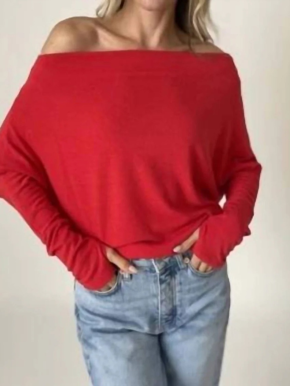 Women’s Off-the-Shoulder Red Sweater - Casual Relaxed Fit